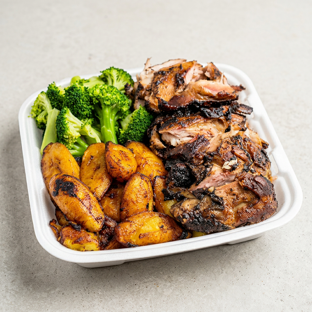 Jerk chicken platter with fried plantains and broccoli