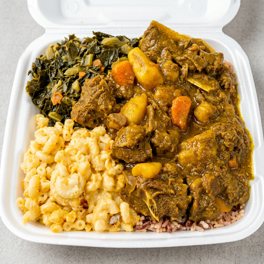 Curry goat with rice, mac and greens
