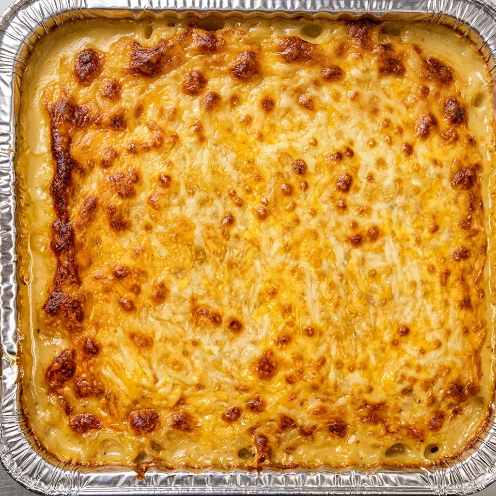 Baked mac and cheese in a foil tray